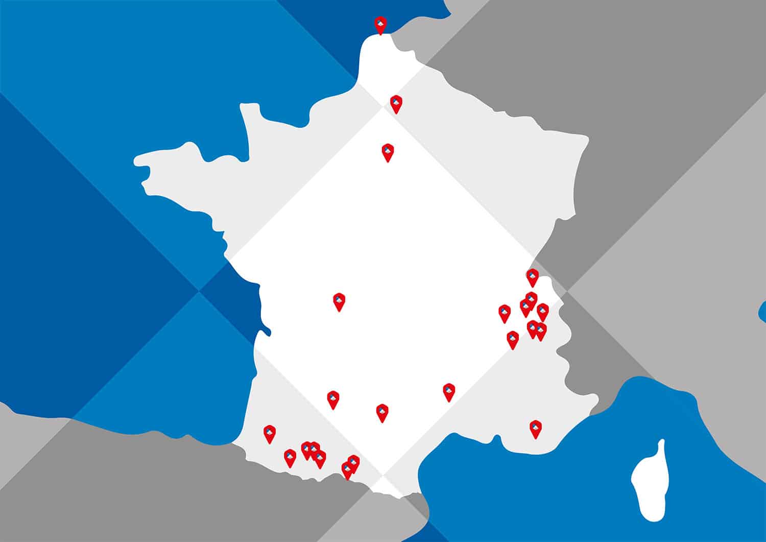 Cette photo représente une carte de France avec les sites sur lesquels travaillent Novacis, notamment les Pyrénées, les Alpes, le Centre, la région parisienne et le nord.