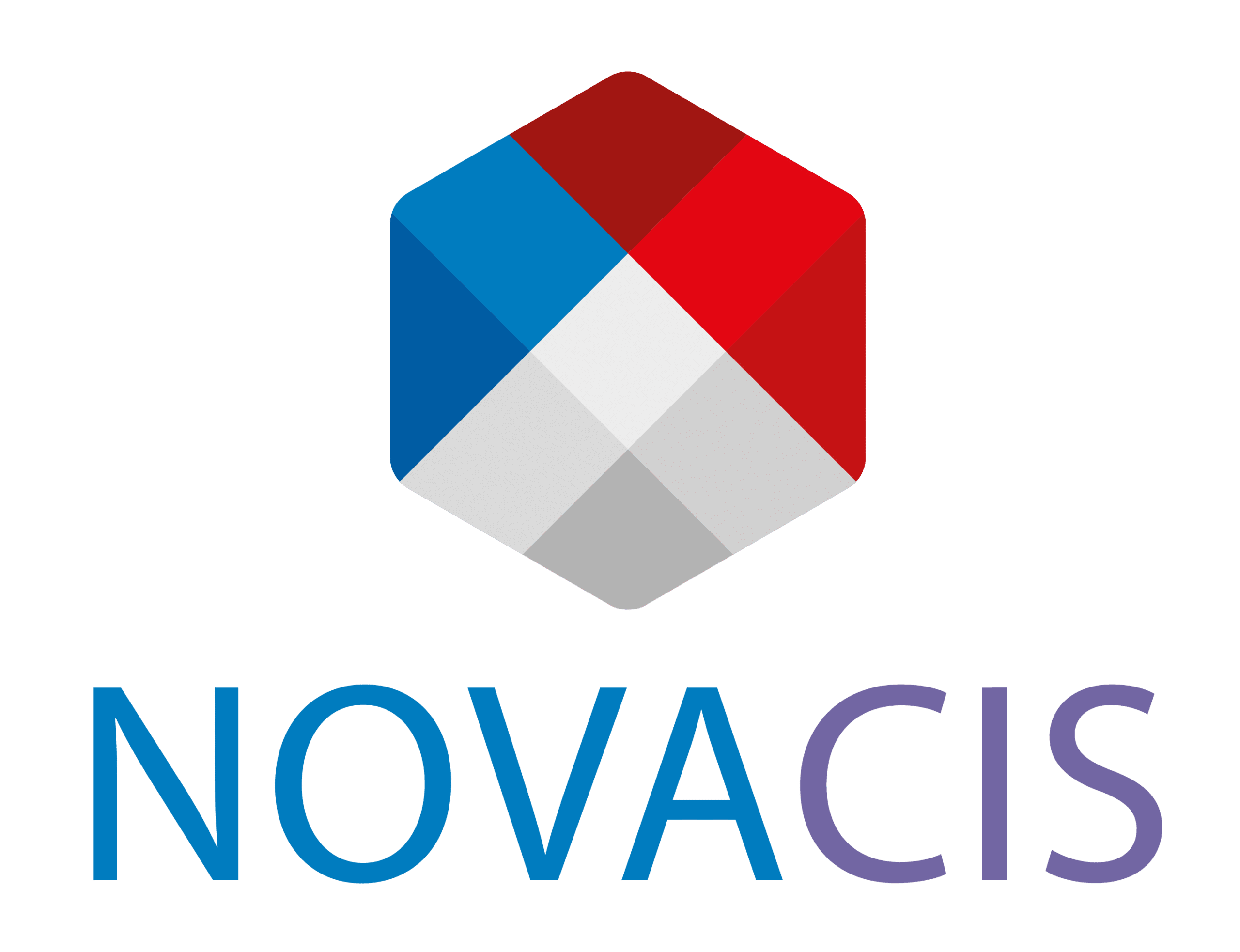 Cette image représente le logo de Novacis, entreprise spécialisée dans la remédiation industrielle, le suivi environnemental, l'expertise technique, la topographie et la modélisation 3D. C'est une forme d'hexagone dans les tons de bleu, de gris et de rouge, avec le nom de Novacis en bleu et mauve.