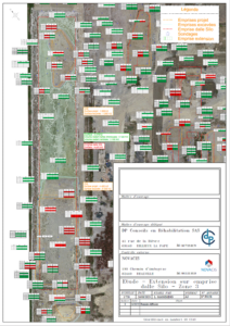 Carte aérienne annotée d’un site industriel avec zones de remédiation des sols, polluants identifiés et localisation des fouilles pour le projet YARA